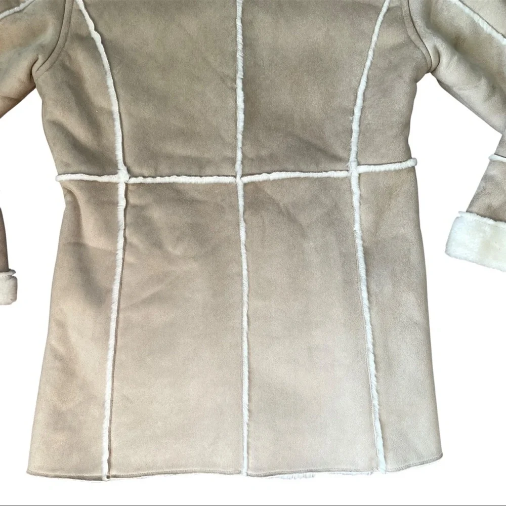 VINTAGE 90s Cream Faux Suede & Fur Hooded Coat Size Large - Picture 12 of 15